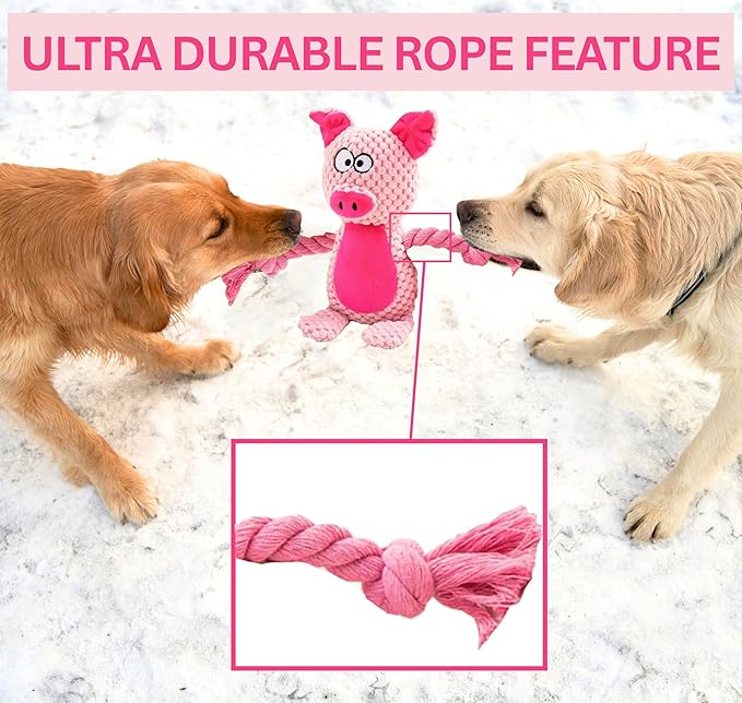 Plush Dog Toys, 3-Pack Variety Set with Squeaker, Crinkle Paper, Rope, Non-Toxic, Soft & Durable, Teething Puppy Toys- Farm Friends or Jungle Pals, 9.45 x 3.94 inches (Farm Friends)