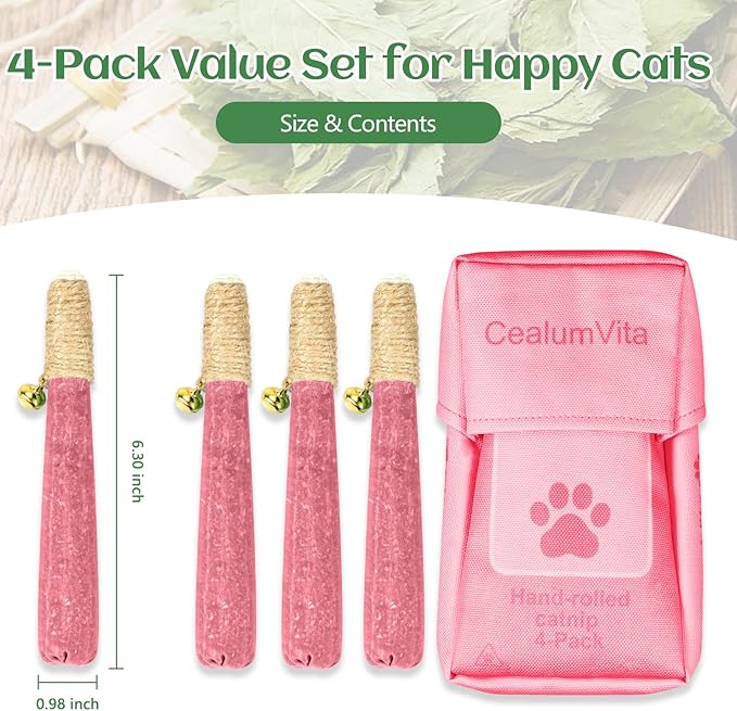 4 Pack Hand-Rolled Catnip Sticks with Chew Rope & Bell -Shaped Cat Toys for Indoor Cats and Kicker Toys, Teething Chew and Play Fun (Pink)