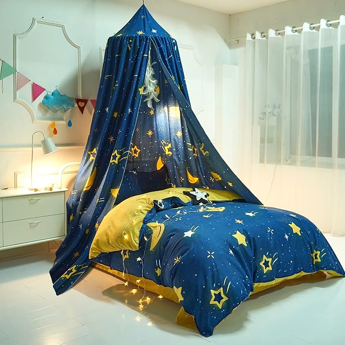 Mengersi Star Bed Canopy for Girls, Prince Round Dome Kids Indoor Outdoor Castle Hanging House Decoration Reading Nook