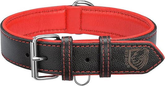 Riparo Adjustable Leather Dog Collar - Heavy Duty Wide Dog Collar for Small, Medium, Large and Extra Large Dogs with Dog Tag Holder (L: 1.5" Wide for 17"-21" Neck, Black/Red Thread)