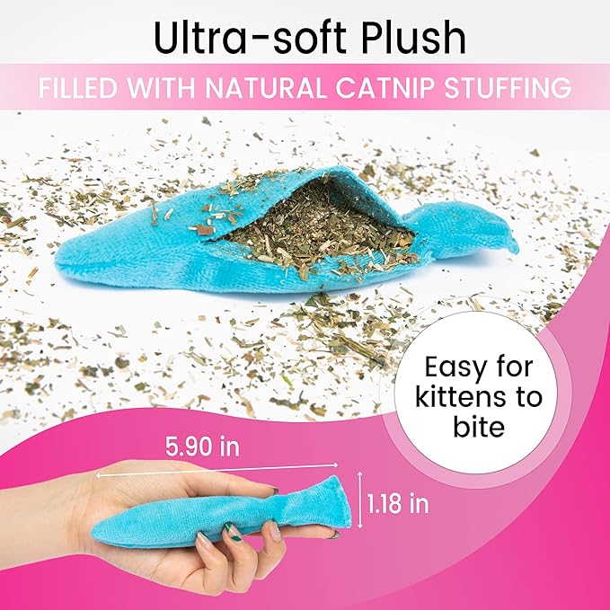 Interactive Catnip Cat Toy, A Blue Fish Catnip Toy (Filled with Natural Catnip) and Pink & Green Cat Teaser Wand Toys with Plush Tips for Indoor Cats and Kittens, 3Pcs Set