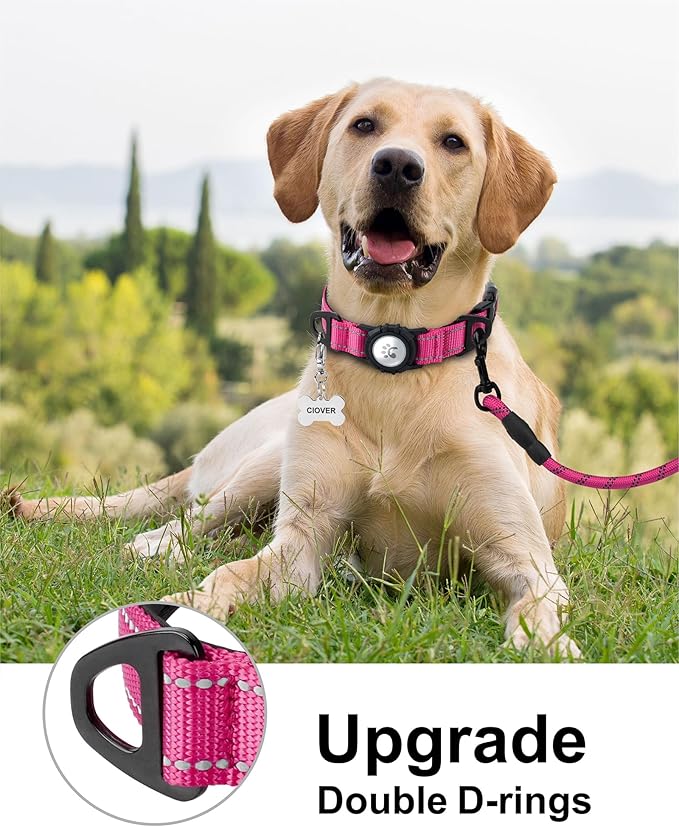TagME Airtag Dog Collar,Waterproof Reflective Pet Collar with Airtag Holder,Soft Padded and Double D-Rings for Large Dogs,Hot Pink