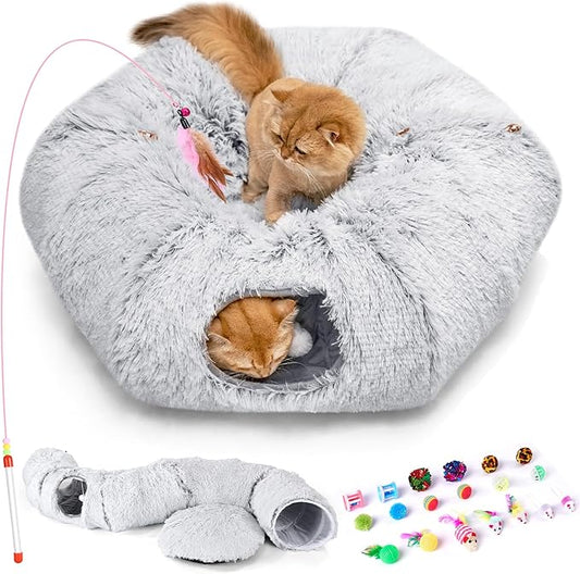Odoland Cat Tunnel Bed with 20 Cat Toys - Indoor Plush Kitten Couch,Detachable Cats Cave Donut Tunnel & Soft Kitten Toy Set-Cozy Cat Furniture Grey