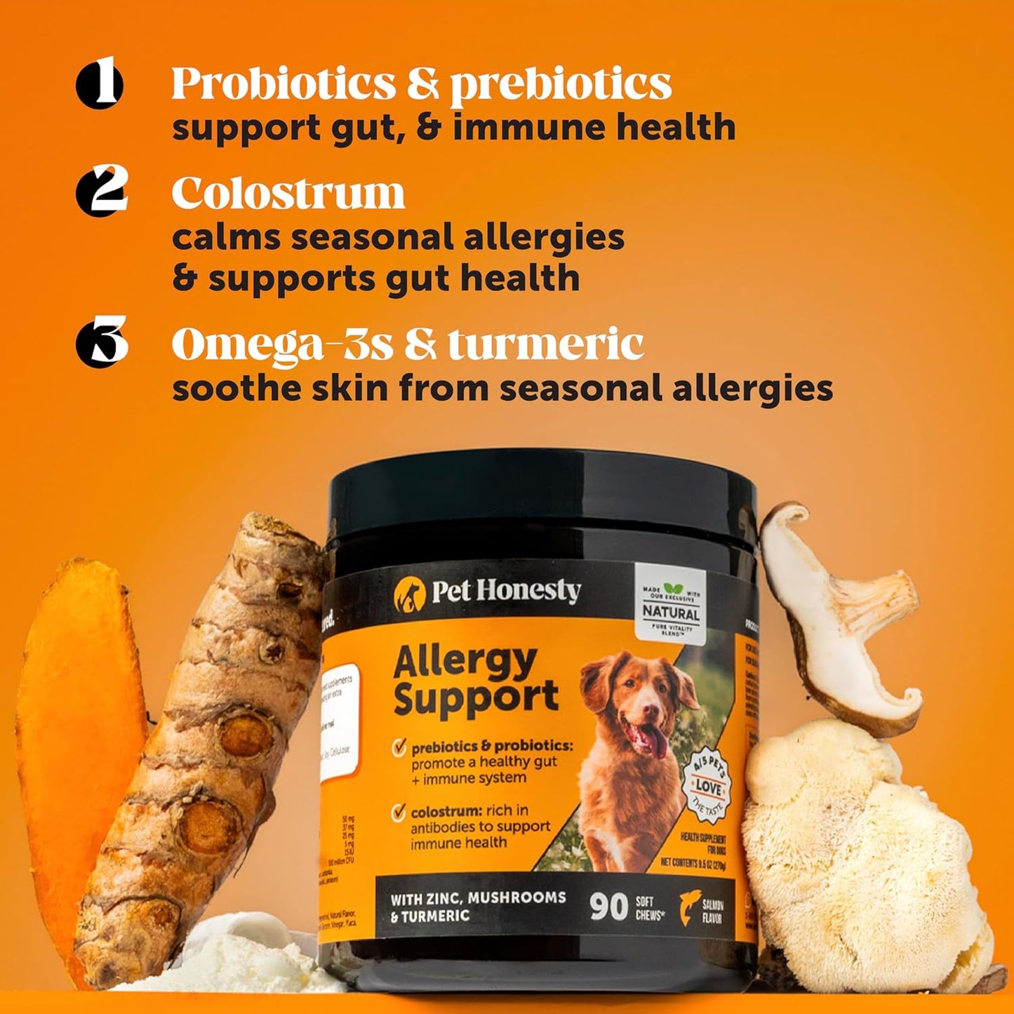 Pet Honesty Dog Allergy Support Chews Max Strength, Omega 3 Salmon Fish Oil, Probiotic Supplement for Anti-Itch and Seasonal Allergies
