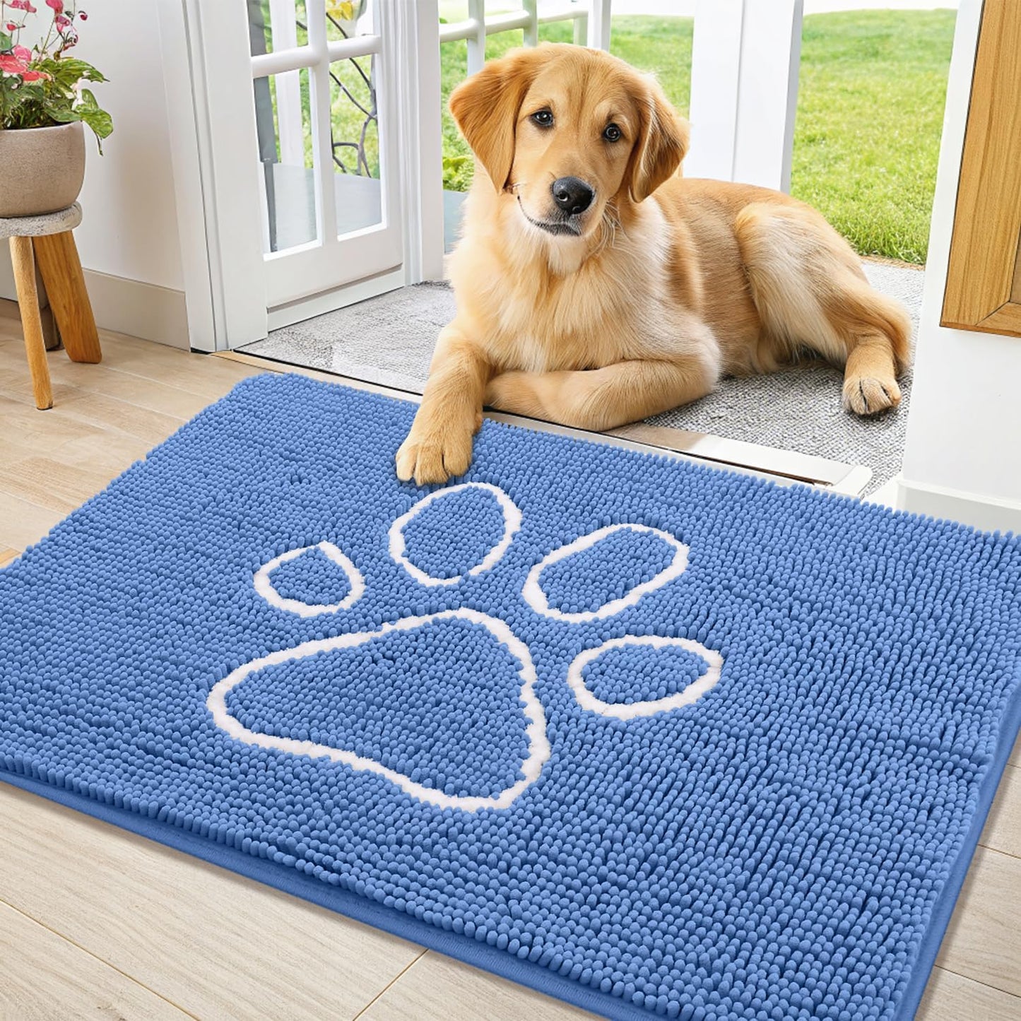 Smiry Dog Door Mat for Muddy Paws, Absorbent Dirt Trapper Non Slip Quick Dry Washable Chenille Mat for Mud Dogs, Entry Rug for Indoor and Outdoor (36x24 Inches, Cornflower Blue)
