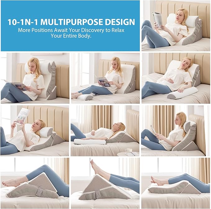 3PCS Bed Wedge Pillow for Sleeping, Adjustable Memory Foam Wedge Pillow for Back Leg Pain Relief, 23” Wide Triangle Pillow Wedge for Post Surgery, Acid Reflux, GERD & Snoring, White/Grey