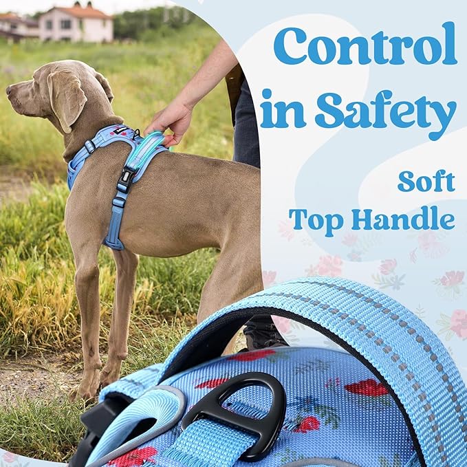 rabbitgoo Dog Harness for Large, No Pull Pet Harness with 3 Buckles, Adjustable Soft Padded Vest with Control Handle, Walking Reflective Pet Vest for Large Dogs, Floral Blue, L