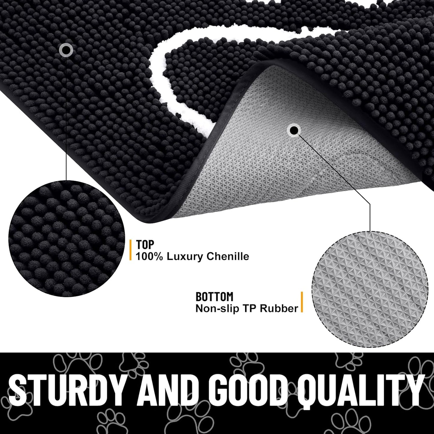 Smiry Dog Door Mat for Muddy Paws, Absorbent Dirt Trapper Non Slip Quick Dry Washable Chenille Mat for Mud Dogs, Entry Rug for Indoor and Outdoor (36x24 Inches, Black)