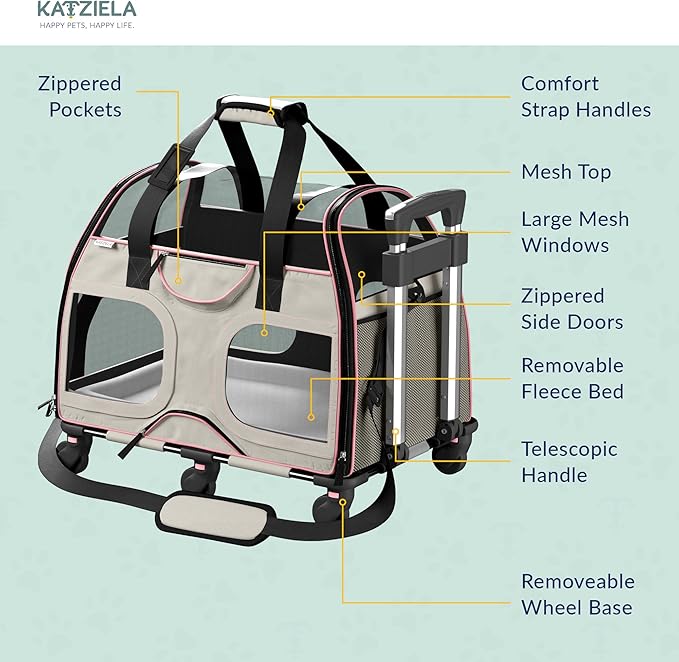 Katziela Pet Carrier - Airline Compliant Dog Carrier - TSA Approved Pet Carrier for Small Dogs and Cats - Soft FAA Travel Airplane Dog Carrier Luggage (Gray/Pink-6 Wheels)