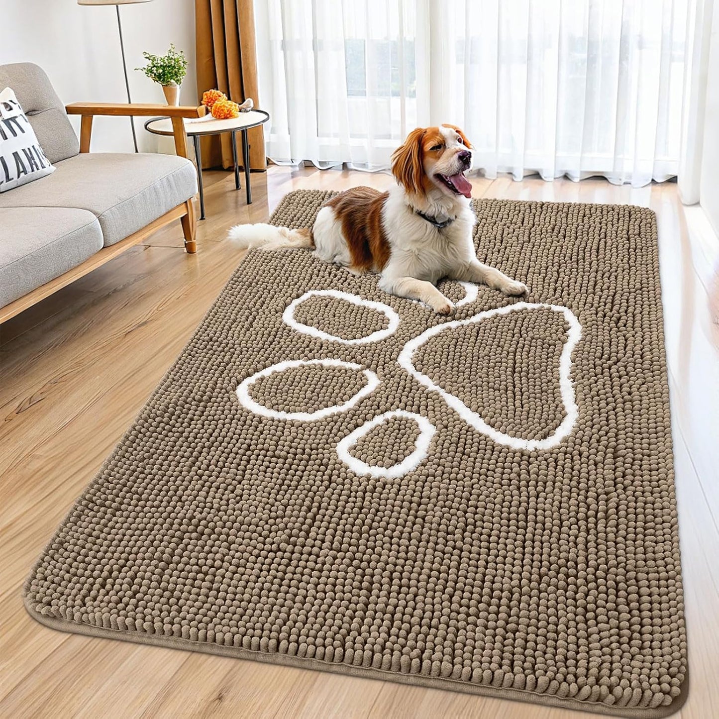 Smiry Dog Door Mat for Muddy Paws, Absorbent Dirt Trapper Non Slip Quick Dry Washable Chenille Mat for Mud Dogs, Entry Rug for Indoor and Outdoor (59x35 Inches, Camel)