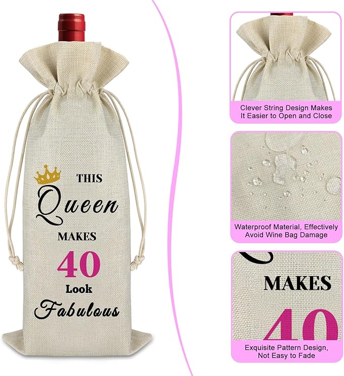 40th Birthday Gift Forty Birthday Gift for Women Mom 40th Female Milestone Gift Turning 40 Years Old Gift Drawstring Wine Wrap Bag Christmas Birthday Valentine's Day Gift for Sister Teacher Friend