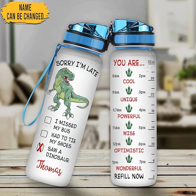 Hyturtle Personalized Dinosaur Lovers 32 Oz 1Liter Motivational Water Bottle, Sorry I'm Late Customized Name Water Bottle With Time Marker, Dino Bottle Gifts For Women Girl Kid On Birthday, Christmas