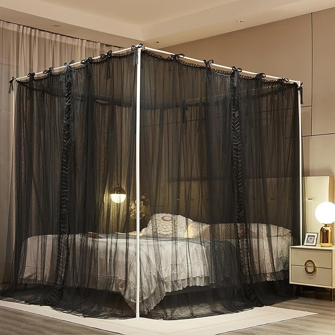 4 Corners Post Princess Curtain Bed Canopy Lace Up Double Layer 4 Opening Mosquito Net Mesh for Girls Bedroom Decoration(Black, 53" W*78" L*82" H/Full)