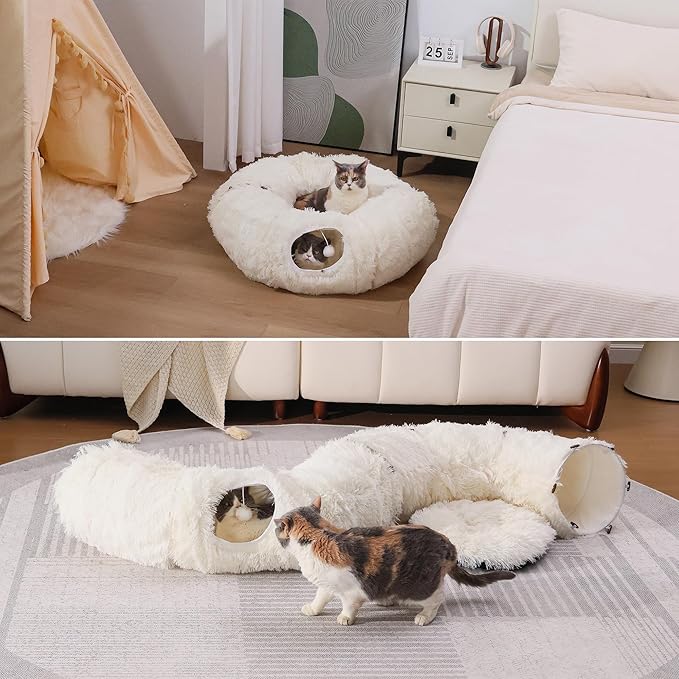 Plush Cat Tunnel Bed for Indoor Cats with Soft Cushion, Multi-Shape Play Cave with Hanging Balls, Large and Foldable Cat Donut Tunnel for Small and Large Pets (White)