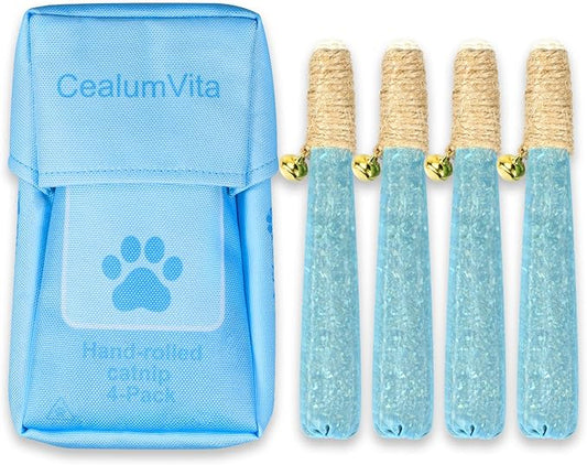 4 Pack Hand-Rolled Catnip Sticks with Chew Rope & Bell -Shaped Cat Toys for Indoor Cats and Kicker Toys, Teething Chew and Play Fun (Blue)