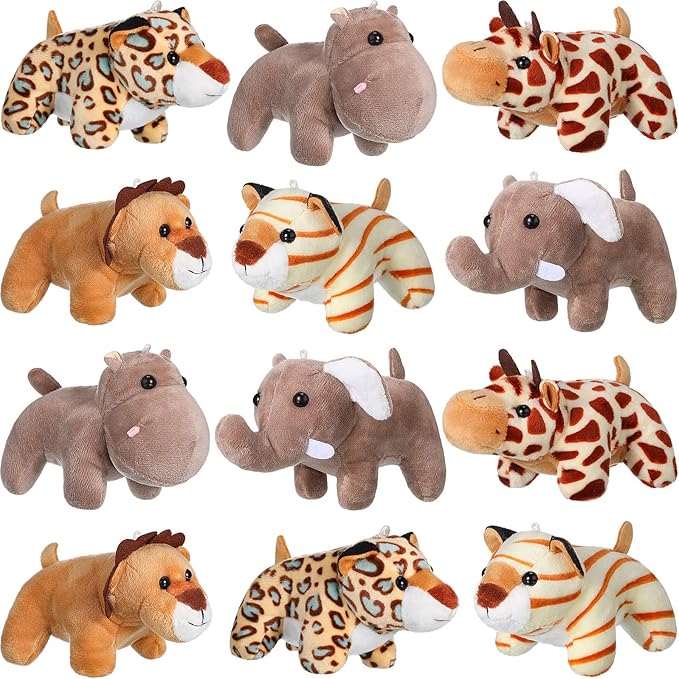 Sumind 12 Pieces Mini Stuffed Forest Animals Jungle Animal Plush Toys 4.8 Inch Cute Elephant Lion Giraffe Tiger Plush for Animal Themed Parties Achievement(Lying)