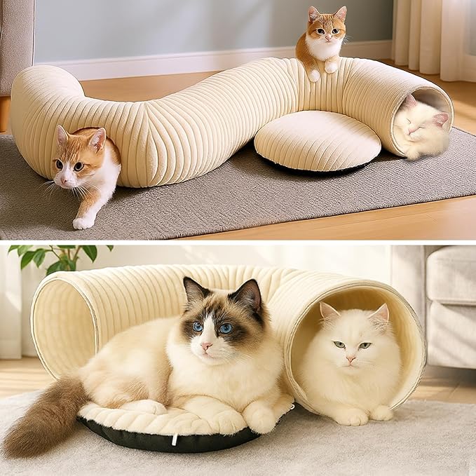 Cat Tunnel Bed with 40 Cat Toys, Collapsible Play Tunnel for Indoor Cats, Cat Tube for Kitten Puppy