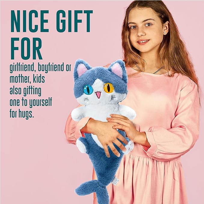 OOPSHANA Long Cat Plush Toy Cute Plushie Hugging Plush Pillow Shark Cat Stuffed Animal for Girls and Boys Blue 33"