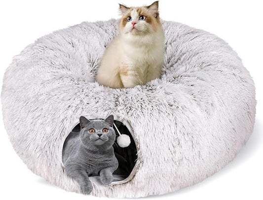 Cat Tunnel Bed for Indoor Cats, Peekaboo Cat Cave with Washable Soft Play Mat, Furry Cat Tube, for Kitten/Puppy/Rabbit, Brown