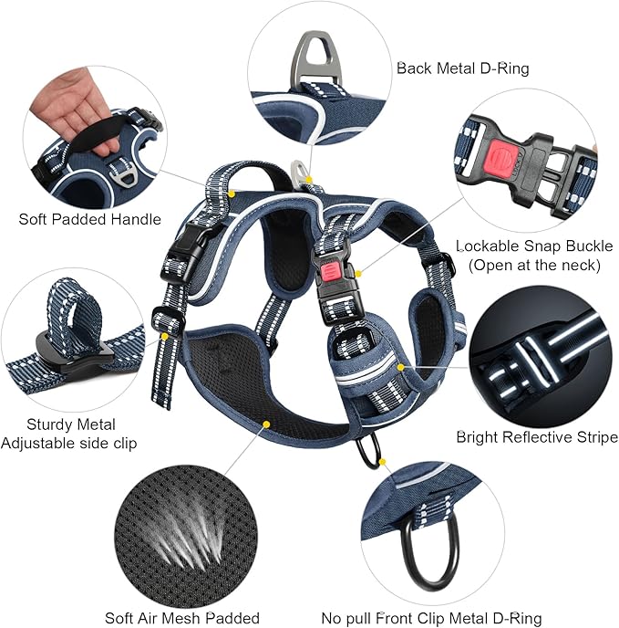 Timos Dog Harness Large Sized, No Pull Pet Harness with Neck Lockable Snap,No Choke Front Clip Dog Reflective Vest,Adjustable Metal Rings 3 Buckles,Easy Control Handle for Large Dogs Royal Blue XL