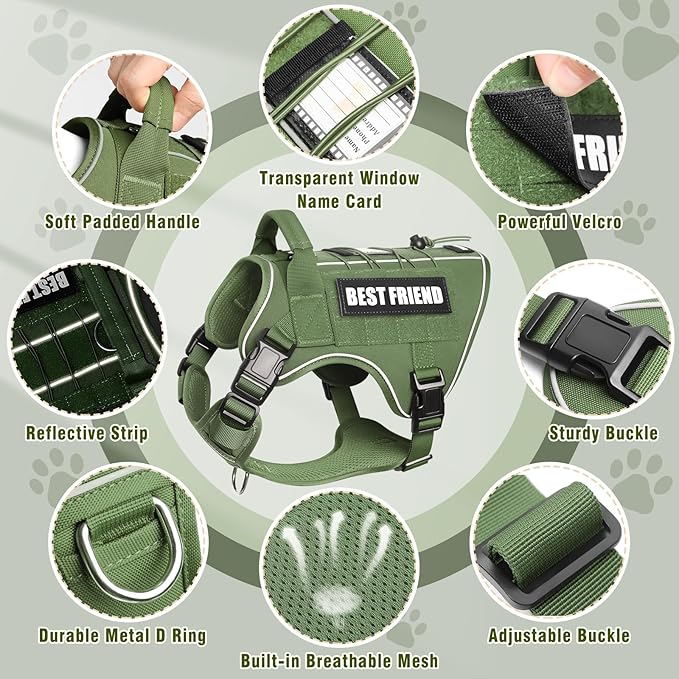 Tactical Dog Harness for Large Dogs,No Pull Military Dog Vest with Handle,Reflective Heavy Duty Pet Harness for K9 Working Walking Hiking Training Green XL