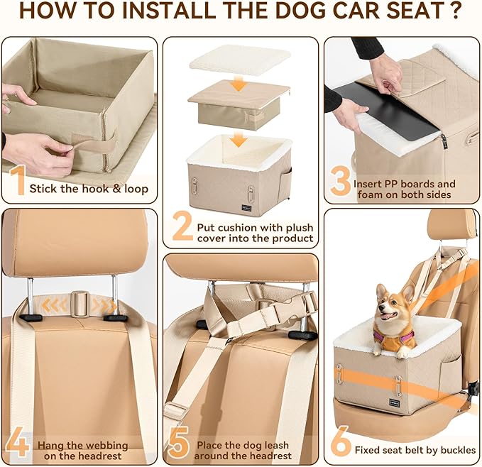 PETSFIT Small Dog Booster Car Seat, Soft Foam Puppy Carseat with Patented Safety Buckles, Storage Pockets and Detachable Clip-On Safety Leash, Dog Car Booster Seat for Medium Pet Under 30 LBS (Khaki)