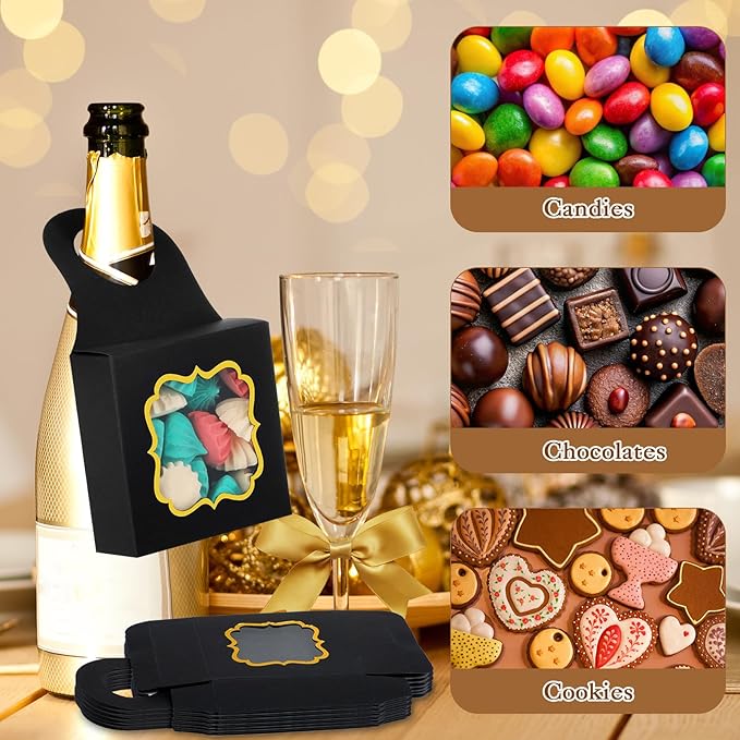40PCS Wine Bottle Box with Window, Megitzuu Kraft Paper Wine Boxes for Gifts Hanging Wine Treat Box Mini Charcuterie Boxes Empty Champagne Bottles Gold Foil Gift Box Hanger Candy Box for Party (Black)