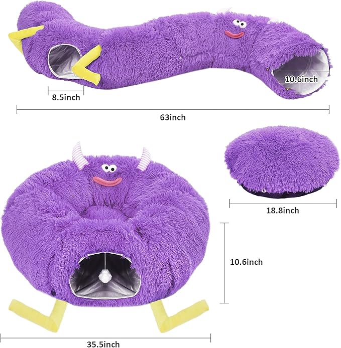 Cat Tunnel Bed for Indoor Cats - Cute Cat Donut Tunnel with Washable Circle Cushion - Multi-Purpose Cat Bed & Peekabo Cave, Pet Playground Toys for Kittens, Puppy, Rabbit