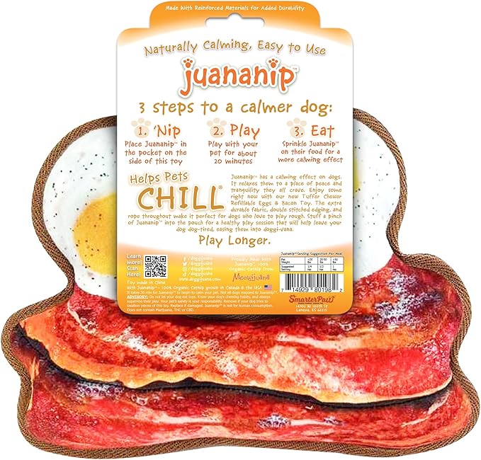 Doggijuana Tuffer Chewer Plush Dog Toy | Funny Dog Toy Plush with Juananip Catnip for Dogs | Calming Aid for Dogs | Interactive Squeaky Chew Toy for Play (Eggs & Bacon)