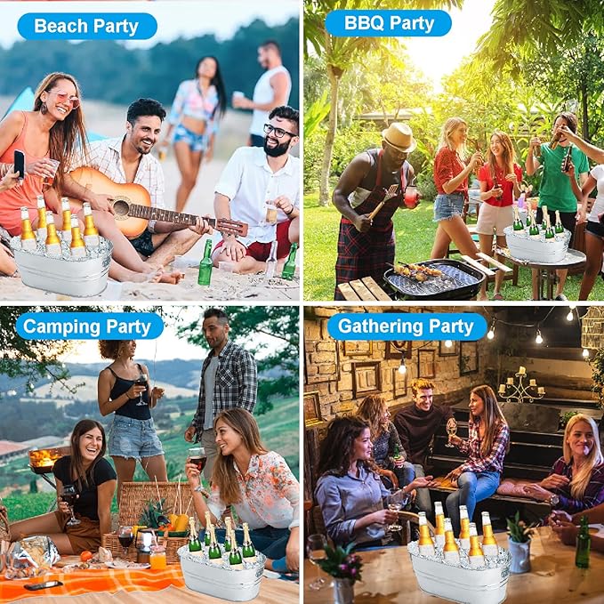 3Pcs Ice Buckets for Parties, 4 Gallon Small Metal Bucket Galvanized Ice Tub Stainless Steel Beverage Drink Buckets Bulk with 2Pcs Ice Scoops, Each for 5-6 Bottles of Beer Wine Champagne