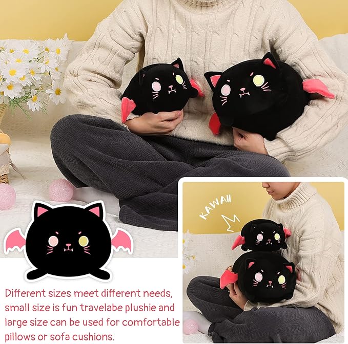 AIXINI Cute Black Cat Plush Pillow 8” Black Kitten Stuffed Animal with Luminous Eyes, Fat Soft Kawaii Plushies Hugging Plush Pillow Toy Gifts