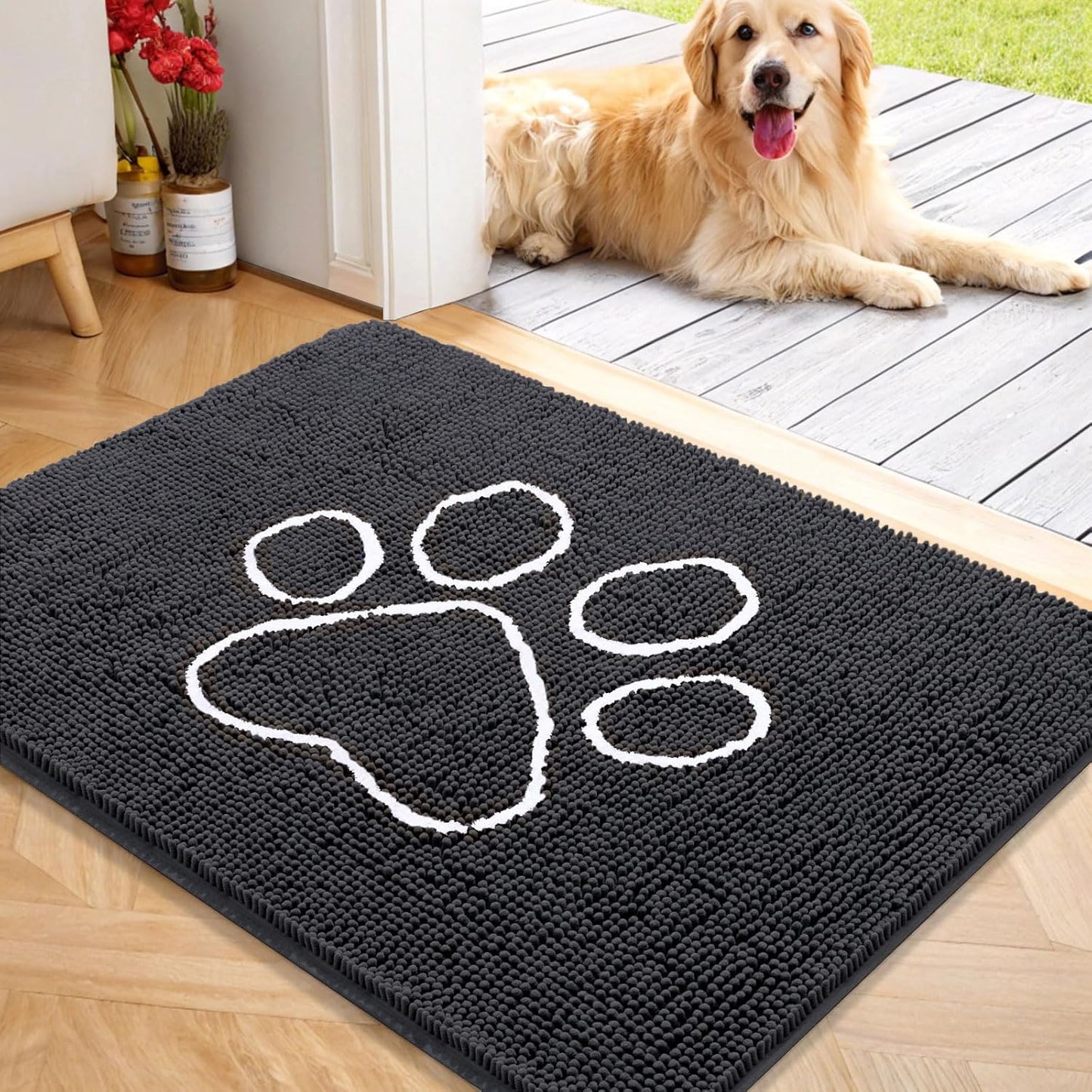 OLANLY Door Mat for Muddy Dog Paws 40x32, Ultra Absorbent Chenille Mud Doormat with Paw Print Design, Non-Slip Washable Doormat for Indoor Entryway, Quick-Dry Pet Bed Mats for Dirty Dogs, Dark Grey