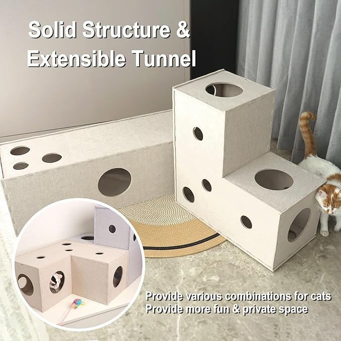 Cat Tunnel Hideaway for Indoor Cats - Soft Felt Toy With Interactive Peek Hole, Cave and Cube for Small, Medium, Large Cats