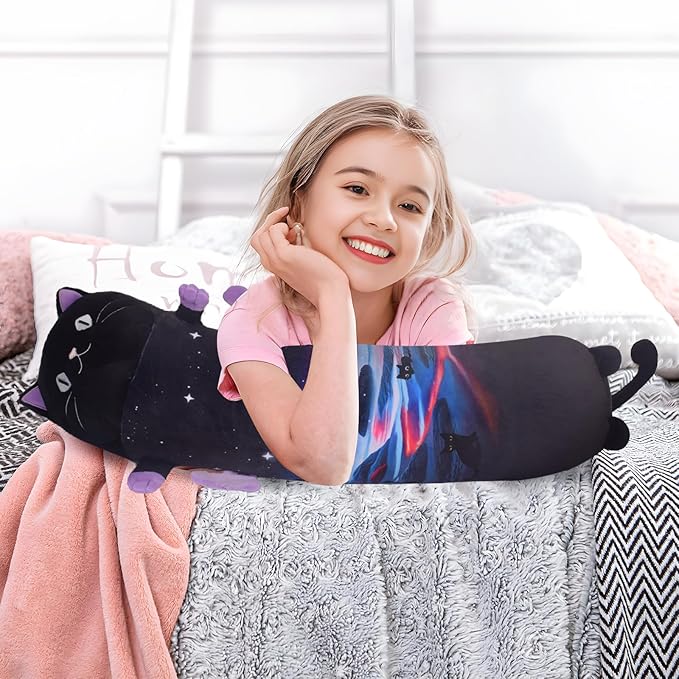 Long Cat Plush Pillow, 27.6in Cute Purple Cat Plushie Stuffed Animals Body Pillow with Wing, Kawaii Kitten Soft Plushie Doll Toy Birthday Gift for Kids Girlfriend