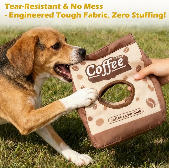 Squeaky Dog Toys Coffee Bag Set - Chew-Proof 4-in-1 Hide & Seek Tug Plush Toy with 3 Chew Toys (Bean/Cup/Donut) to Keep Them Busy, Best Birthday Gift for Small Medium Large Dogs