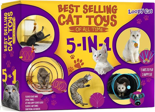 5 in 1 Interactive Cat Toys for Indoor Cats Bundle - Cat Tunnel, Fishing Pole, Feather Toy Teaser Wand, Spiral Tube, Cat Kicker - Crinkle Hanging Moving Cat Toys for Bored Indoor Adult Cats