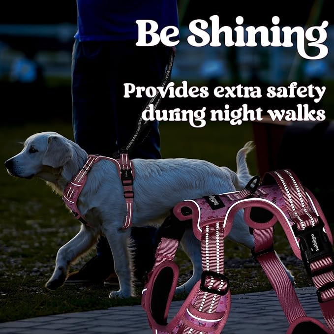 rabbitgoo Dog Harness Medium Sized, No Pull Pet Harness with 3 Buckles, Adjustable Soft Padded Vest with Control Handle, Walking Reflective Pet Vest for Medium Dogs, Floral Pink, M
