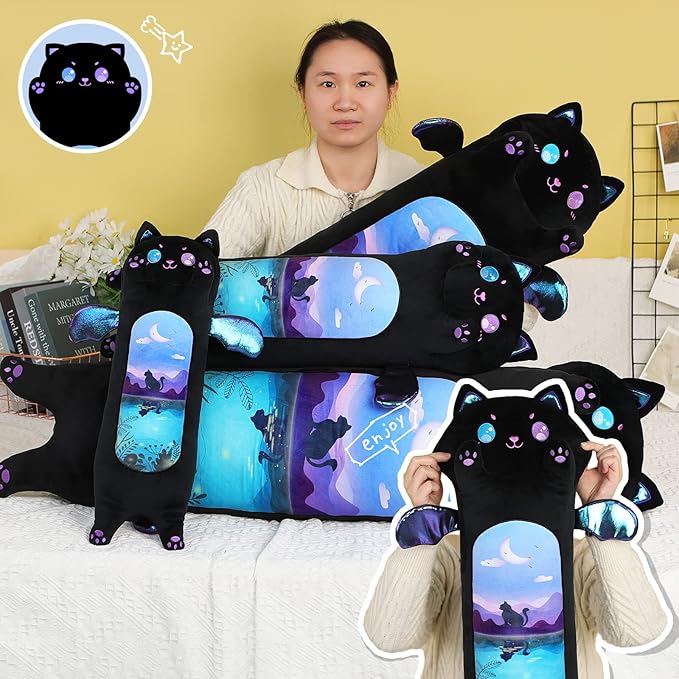 AIXINI Long Cat Plush Pillow Cartoon Cute Black Cat Stuffed Animals, Soft Kawaii Kitten Plushies Pillow Toy for Kids (Moonlight Black,19.7inch)
