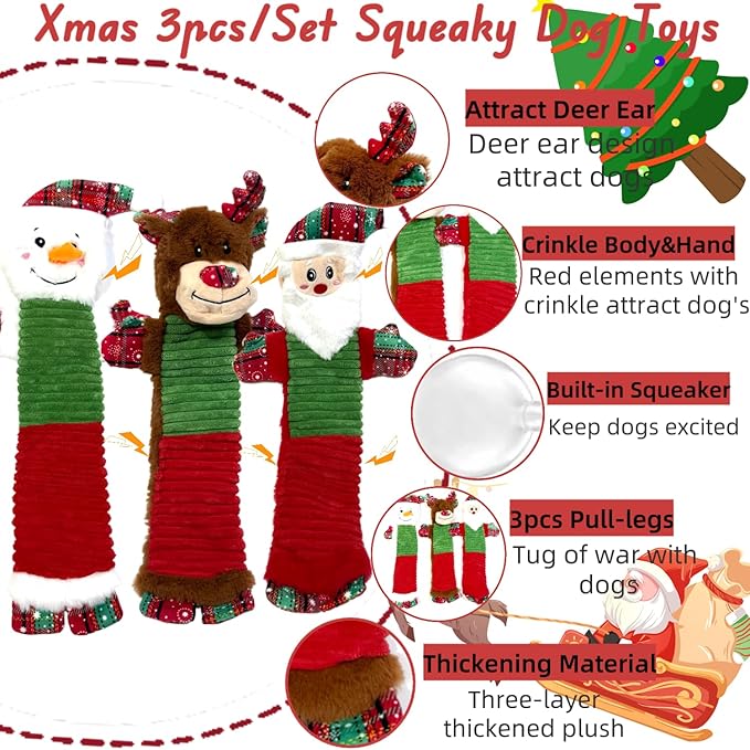 3PCS Christmas Dog Squeaky Toys with Crinkle, Xmas Interactive Plush Toys to Boredom, Dog Enrichment Chew Toys to Keep Them Busy, for Small Medium Large Size Santa Claus/Snowman/Deer