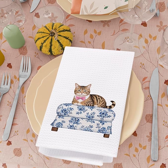 SPBL&L Cat Kitchen Towels, Cat Dish Towels Tea Towels for Kitchen, Cat Gifts for Cat Lovers Women, Cat Mom Gifts, Blue and White Chinoiserie Decor Hand Towels for Bathroom, 16x24 Inches