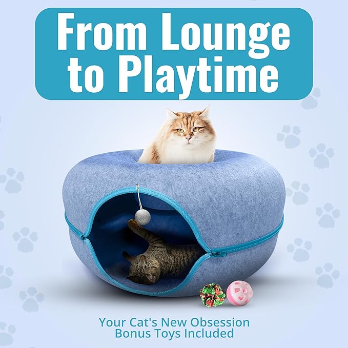 Okoco Cat Tunnel Bed for Indoor Cats Large, 24" Peekaboo Cat Cave Donut Bed for Pets up to 45lbs, 2-in-1 Round Tube with Hanging Ball Toy & Removable Machine Washable Parts (Light Blue)