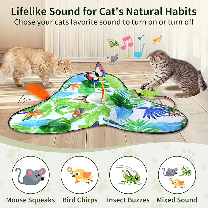 4-in-1 Interactive Cat Toy, Hide and Seek Cat Toys for Indoor Cats, Automatic Cat Kitten Toys with Moving Concealed Feathers, Fluttering Butterfly, Lifelike Sounds,Touch Activated, USB Rechargeable