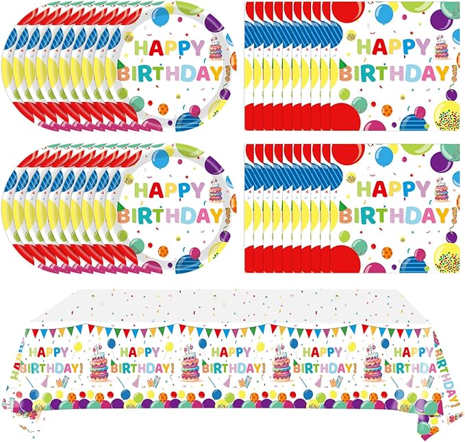 41Pcs Balloons Birthday Party Decorations, Kid‘s Happy Birthday Party Supplies Set with Disposable Paper Plates and Napkins, Balloon Tablecloth for Boys/Girls, Serves 20