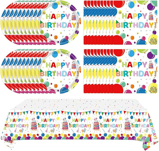 41Pcs Balloons Birthday Party Decorations, Kid‘s Happy Birthday Party Supplies Set with Disposable Paper Plates and Napkins, Balloon Tablecloth for Boys/Girls, Serves 20