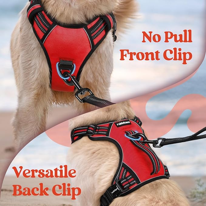 rabbitgoo Dog Harness for Large Dogs, No Pull Pet Harness with Soft Padded Handle, Adjustable Reflective Vest with 3 Buckles, Easy Walking Harness with 2 Leash Clips, Red, XL
