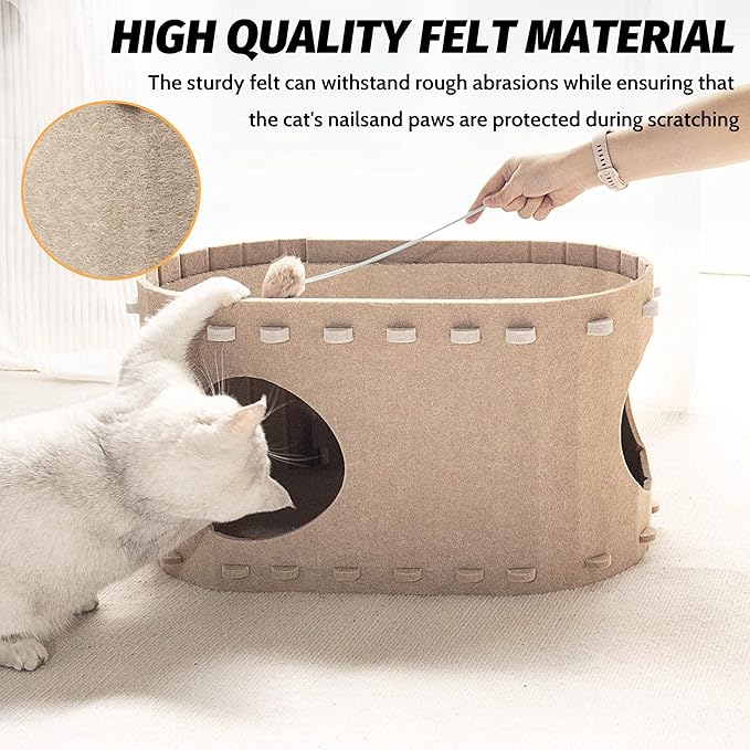 Cat House for Indoor Cats, Cat Bed Cave for Multiple & Large Cats Up to 22 Lbs, Scratch Resistant Peekaboo Cat Caves, Foldable Cat Tunnel Enclosed Bed, PeekaPurr, Cream