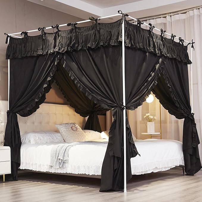 Ruffle Lace up 4 Corners Post Princess Curtain Bed Canopy Cozy Breathable Mosquito Net Cloth for Girls Adults Bedroom Decoration (Black, 78" W*86" L*82" H/King)