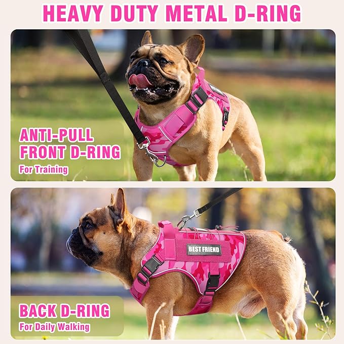 Tactical Dog Harness Small Sized Dog,No Pull Military Dog Vest with Easy Control Handle&Molle,Adjustable Heavy Duty Pet Harness for Hiking Training,Reflective for Night Walking Camo Pink S