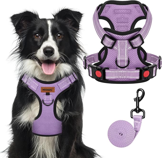 MIDOG No-Pull Dog Harness | Adjustable & Reflective Pet Harness Leash Set for Small Medium Large Dogs Walking, Training| No Choke, Front Clip, Soft Padded Vest with Easy Control Handle - Purple, XL