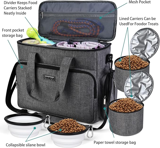 BAGLHER Dog Travel Bag, Airline Approved Pet Tote Organizer with Multi-Function Pockets, 2 X Food Storage Containers and 2 X Collapsible Dog Bowls, Perfect Weekend Pet Travel Set for Dog, Cat Grey